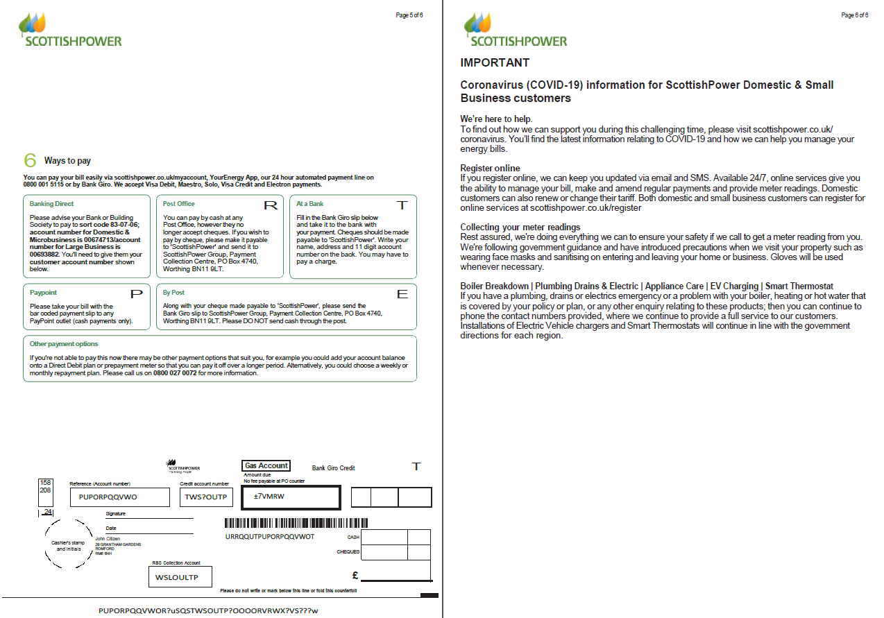 Scotland Scottish Power utility bill template in Word and PDF formats, 6 pages, 5 6 pages